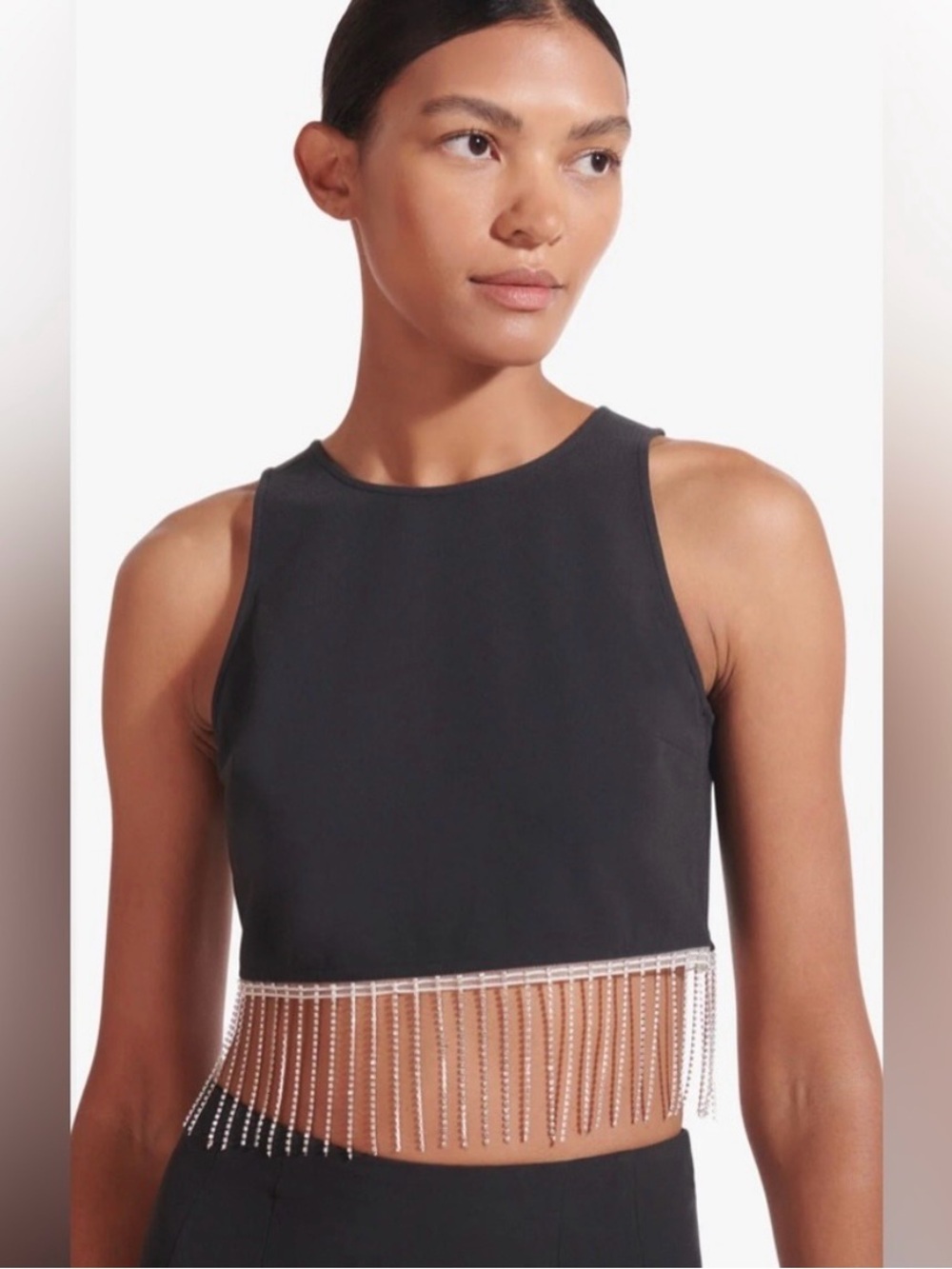 NWT Staud Black Rhinestone Fringe Crop Tank Top - Women sz 10